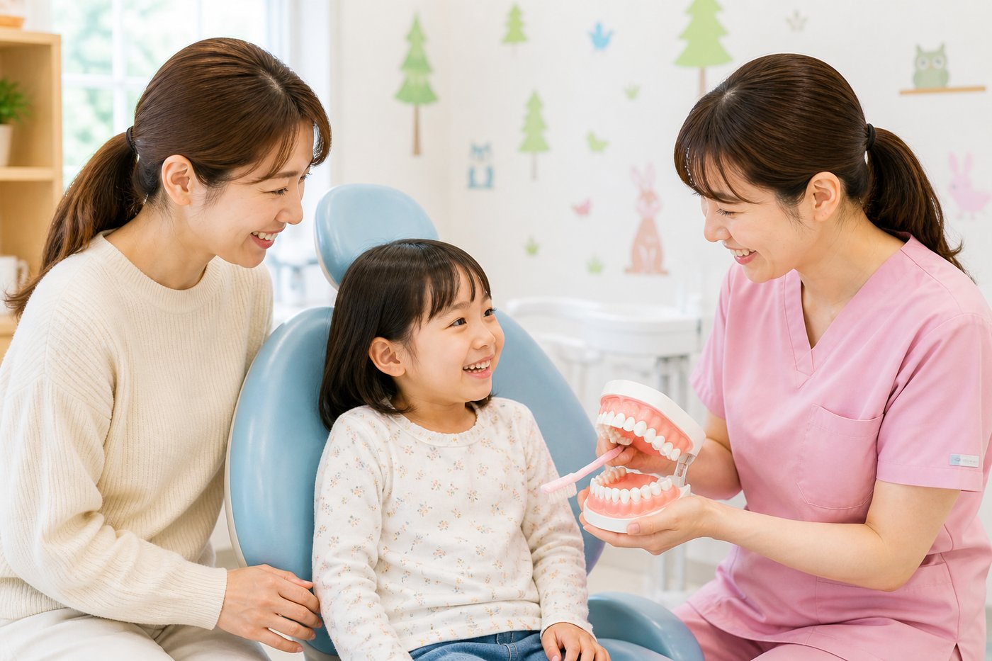 ご家族と歯科医師が相談している明るい診察室の風景