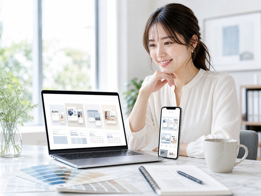 若い女性がノートPCでホームページの内容を確認しているイメージ