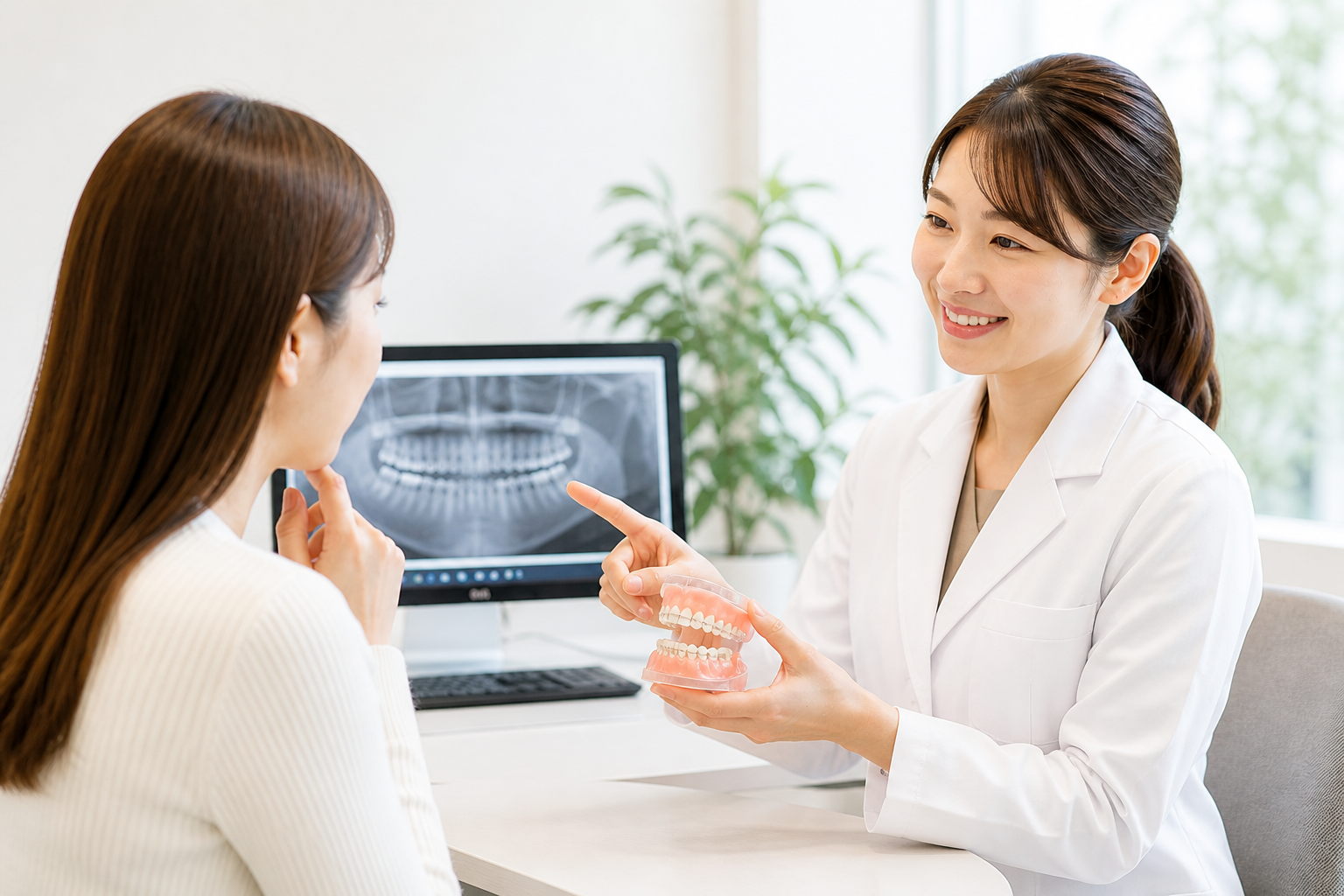 レントゲン画像を見ながら説明する歯科医師